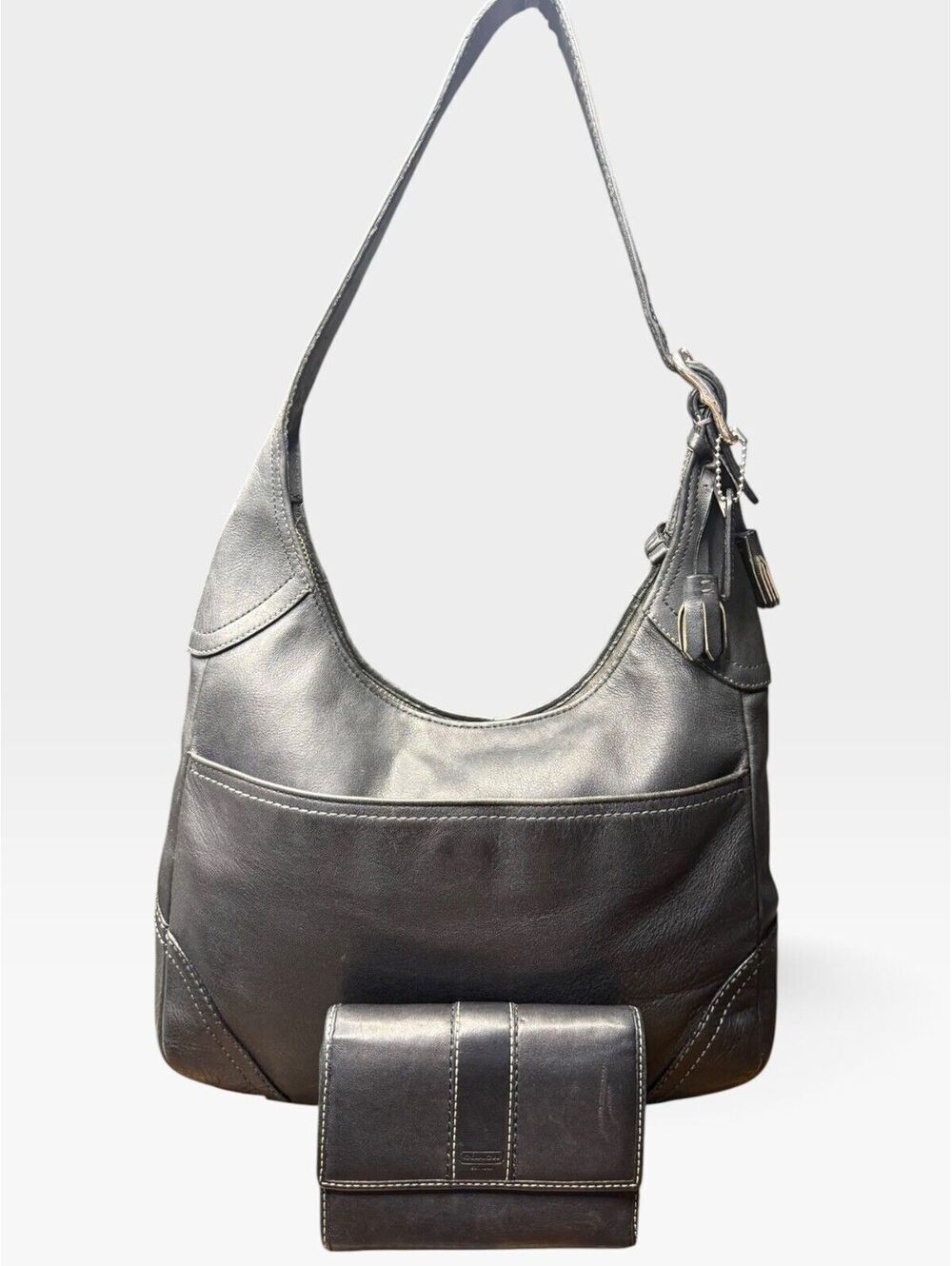 Coach Hamilton Leather Hobo F10280 Black + Matching Wallet Y2K